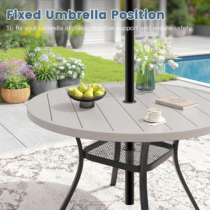 DIFY 48" Round Patio Dining Table for 6, Outdoor Metal Dining Table with 1.57" Umbrella Hole for Backyard Lawn Garden, Grey Wood-Like