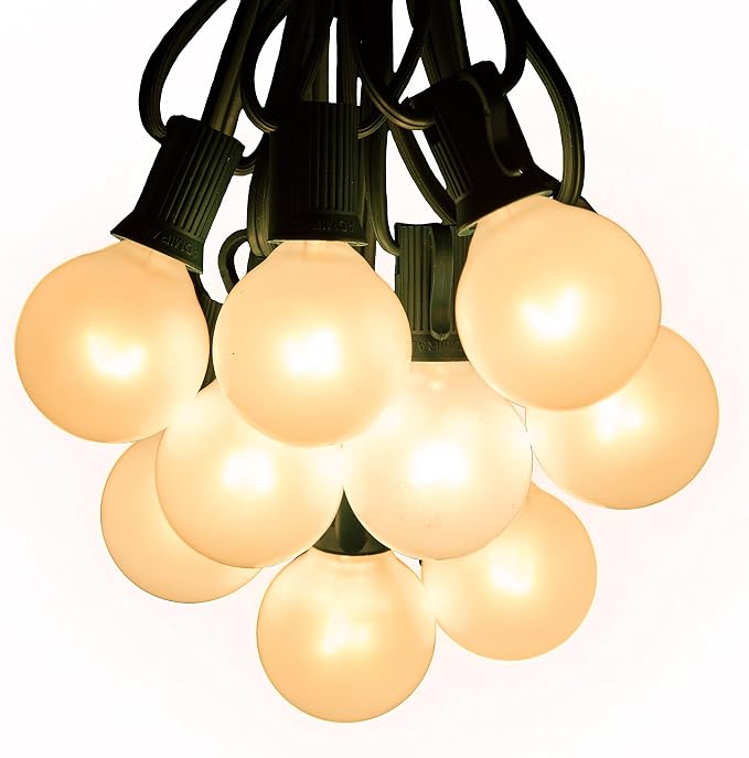 G40 White Pearl Outdoor Patio Globe String Lights (50 Foot - Green Wire) | G40 Frosted White Pearl 1.6" Bulbs
