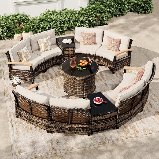 MEISSALIVVE 11 Piece Outdoor Patio Furniture Set, Half-Moon Curved Sectional Set with Wood Armrests, Patio Conversation Set for Porch,Deck,Balcony (Beige)