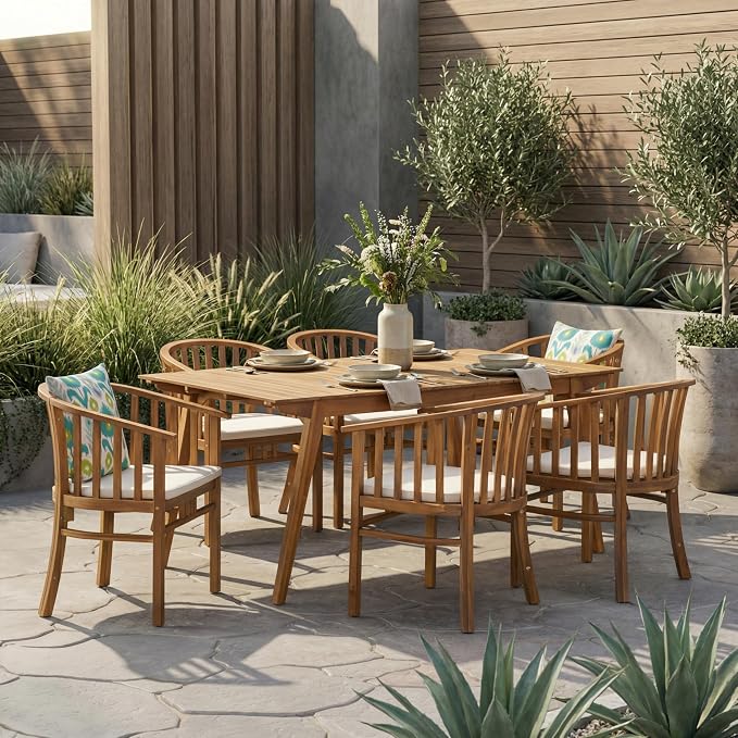 Merax Outdoor Dining Table Set for 6, Acacia Wood 68.5" Rectangle Table with Slat Tabletop + 6 Armchairs with Curved Back & Armrest & Water-Resistant Cushions, Patio Dining Set, Teak Finish