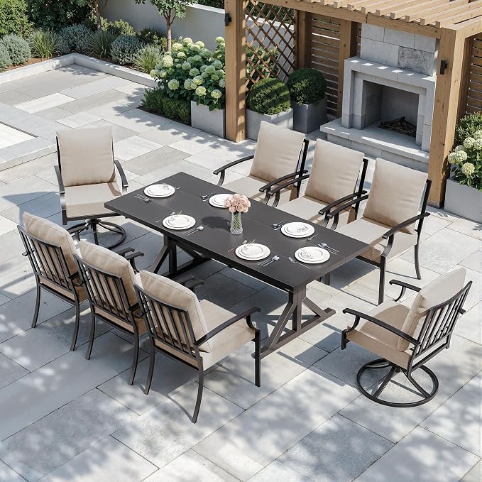 ALAULM 9-Piece Patio Dining Set,Outdoor Metal Dining Set with 2 Swivel Chairs & Rectangle Table with 1.5 Umbrella Hole, Patio Dining Table and Chairs for Backyard,Sand