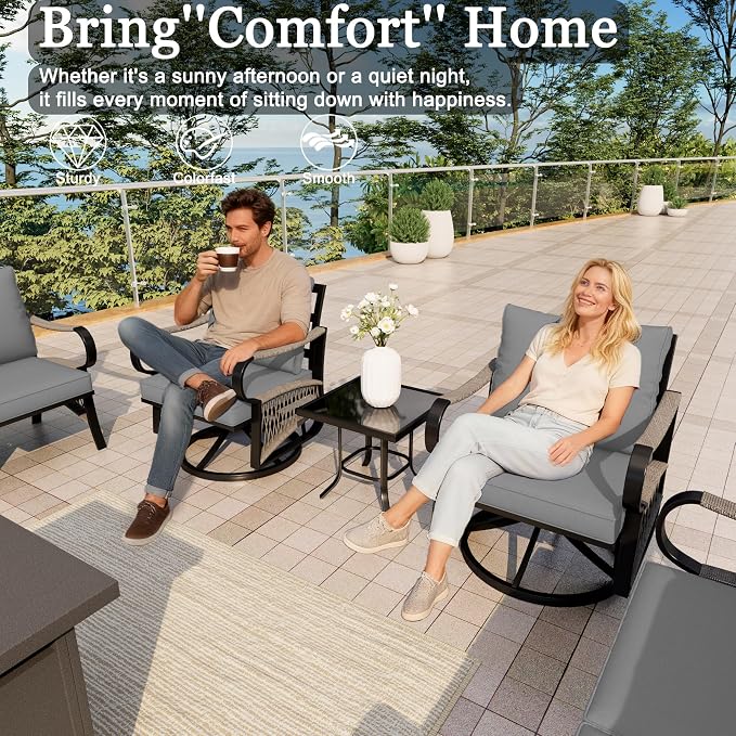 5-Piece Outdoor Furniture Set, Metal Swivel Rocking Chairs with All-Weather Cushions, Rope Patio Conversation Set with Fire Pit Table for Deck, Porch, Garden, Backyard, Poolside (Gray Cushions)
