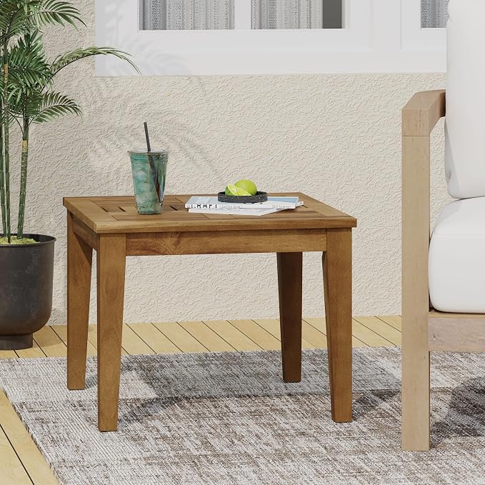 Outdoor Acacia Wood Side Table, 20x20 Inch Low Profile Patio End Table, Transitional Design for Porch, Deck, Poolside & Garden, 300 lbs Weight Capacity, Weather-Resistant - Teak