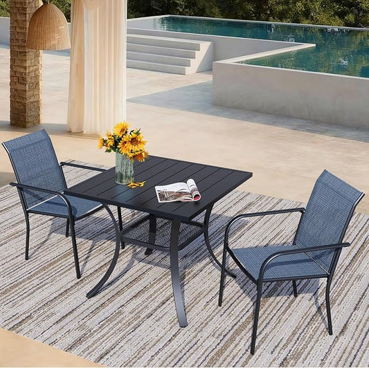 3 Piece Outdoor Dining Set, Patio Table and Chairs Set of 2, 27.6" Black Square Patio Table with 2 Blue Stackable Patio Chairs for Lawn, Garden, Porch