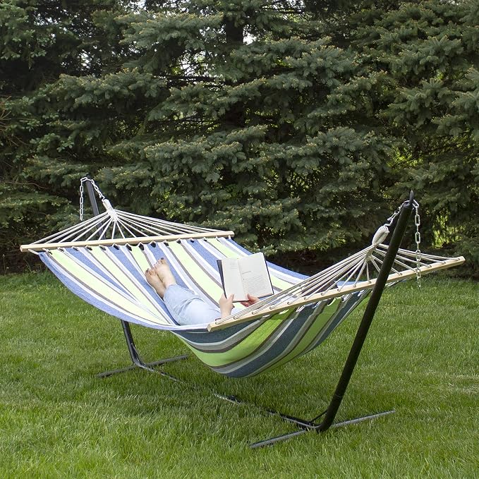 Northlight 32816522 Lime Green and Royal Blue 55" x 78" Stripe Poly Cotton Hammock with Wooden Bars and Tassels