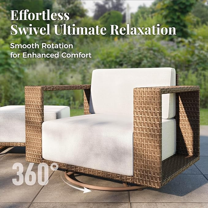 MIXPATIO Patio Furniture Set with Swivel Chairs & Outdoor Fire Pit Table, 9 Pieces Yellow Rattan Wicker Conversation Sets, Deep Seating Sofa with 10" Thick Cushions, Low Profile Deck Lawn Furniture