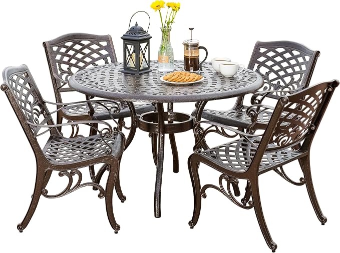 Christopher Knight Home Hallandale Outdoor Cast Aluminum Dining Set for Patio or Deck, 5-Pcs Set, Hammered Bronze