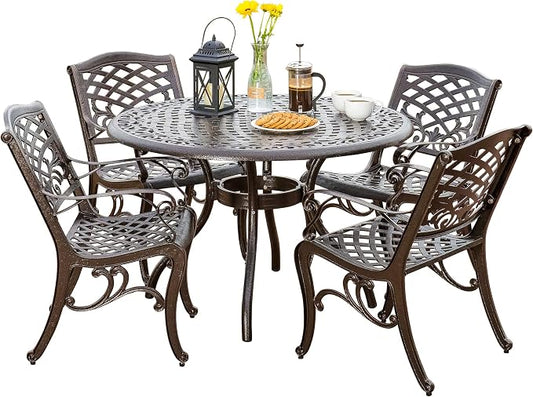 Christopher Knight Home Hallandale Outdoor Cast Aluminum Dining Set for Patio or Deck, 5-Pcs Set, Hammered Bronze