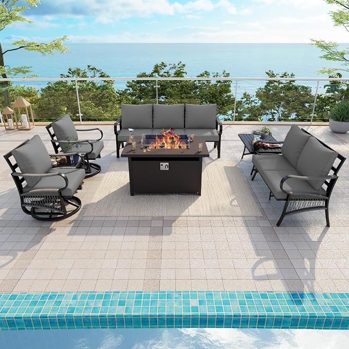 7-Piece Outdoor Furniture Set, Metal Swivel Rocking Chairs with All-Weather Cushions, Patio Conversation Set with Fire Pit Table for Deck, Porch, Garden, Backyard, Poolside (Gray Cushions)
