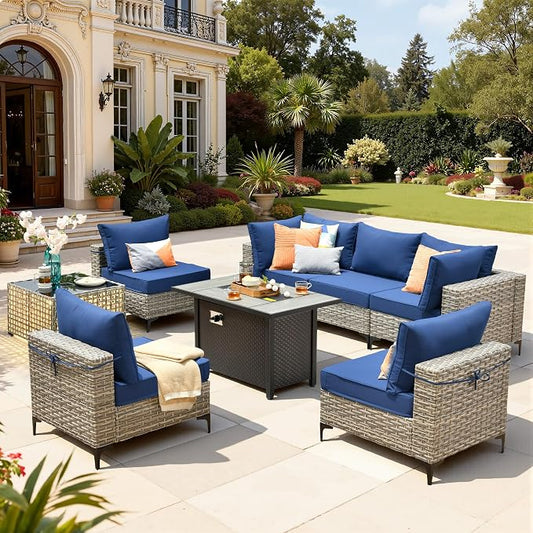 8 Pieces Patio Furniture Set with 42" Fire Pit, All-Weather Rattan Outdoor Sectional Conversation Sets L Shaped Sofas with Solar Light Coffee Table for Porch Balcony Backyard Navy Blue