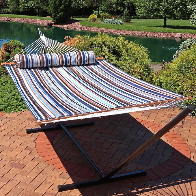 Sunnydaze Quilted Double Hammock for Outside with Spreader Bars and Pillow - 450 lb Capacity, 74x55 Inch Bed, UV Resistant, Quick Dry - Chains Included, Stand Sold Separately - Ocean Isle