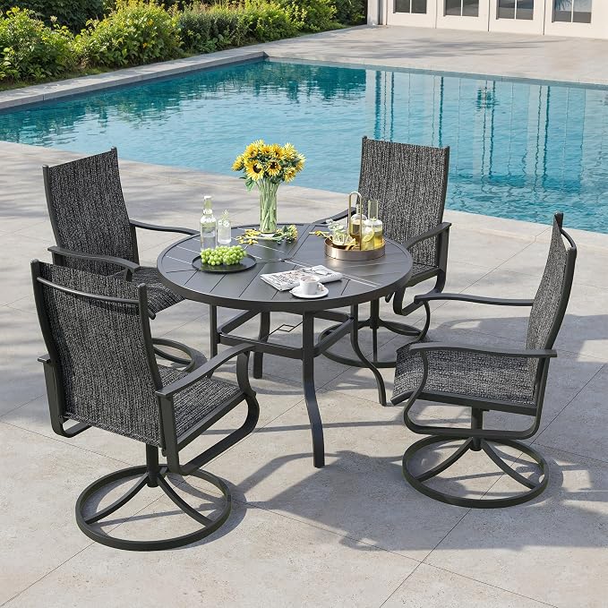 5 Pieces Patio Dining Set, Patio Outdoor Furniture Set of 4 Patio Swivel Dining Chairs and 39" Patio Spliced Round Tabletop with Umbrella Hole, for Deck, Backyard, Poolside & Garden