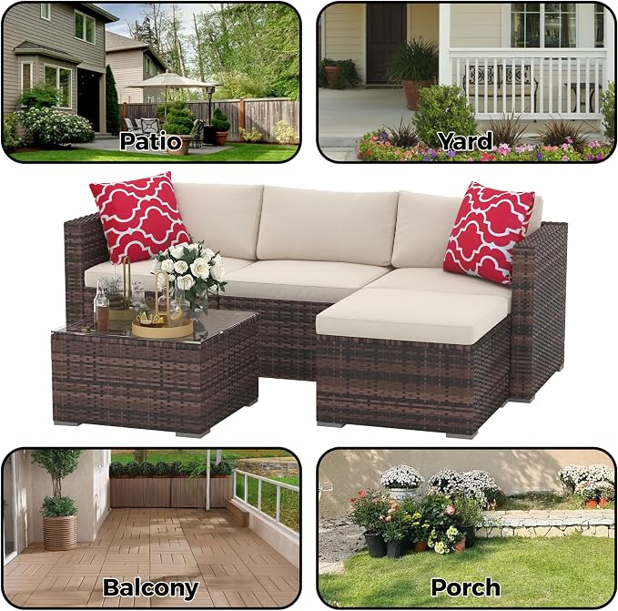 5 Piece Patio Furniture Set, PE Wicker Modern Patio Conversation Set, Outdoor Furniture Set with Glass Coffee Table for Garden, Poolside, Backyard, Brown & Beige