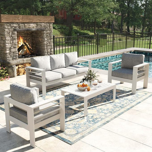 4 Pieces Modern Aluminum Patio Furniture Set, Outdoor Conversation Sets Metal Sectional Sofa with Coffee Table