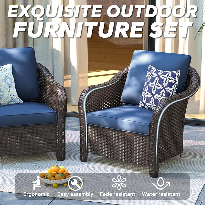 5 PCS Outdoor Conversation Set | 55" Couch, 2 Chairs, 2 Ottomans, Patio Wicker Conversation Furniture with Removable Cushions for Bistro, Deck, Sunroom (Navy Blue)