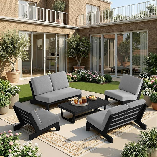 5 Pieces All Weather Black Wood Patio Furniture Sets, 2 Patio Loveseat, 2 Patio Bistro Chair, Outdoor Sectional Sofa Furniture Backyard Conversation Set with Coffee Table - Gray