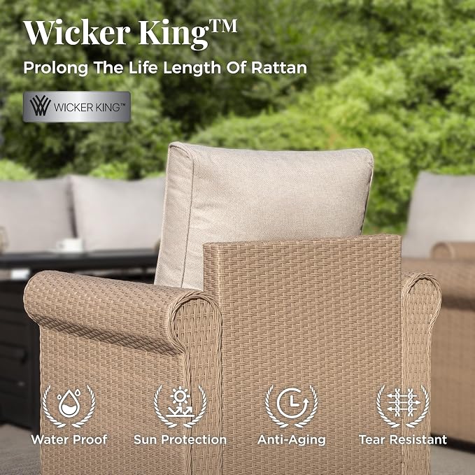 MIXPATIO Patio Furniture Set, 6 Piece Wicker Outdoor Furniture Set with Fire Pit Table & Thick Waterproof Cushions, 7 Seats Patio Conversation Set for Backyard Deck, Beige