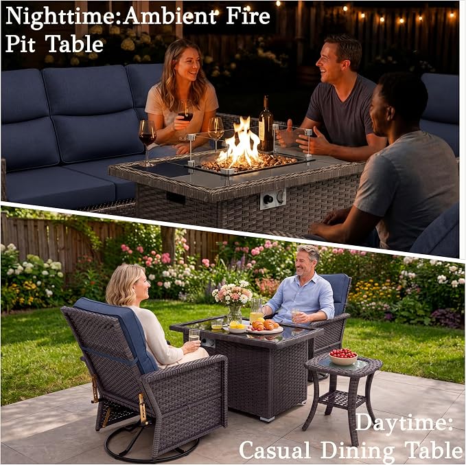 Brafab 7-Seat Piece Wicker Patio Furniture Set with 44" Propane Fire Pit Table, Outdoor Swivel Recliner Chairs with Adjustable Backrest & Footrest for Patio Conversation and Backyard Gathering, Blue