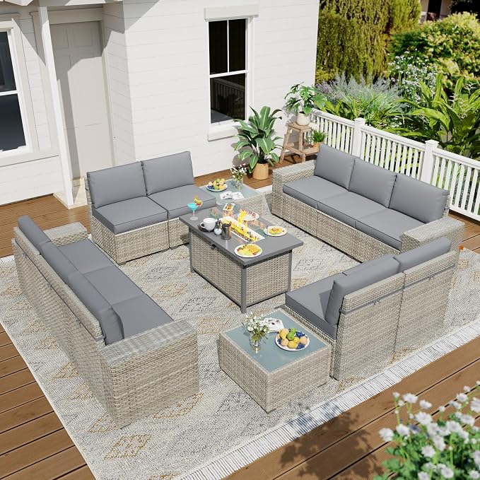 13 Piece Patio Furniture Set with 50,000 BTU Rattan Fire Pit Table that Converts to Coffee Table, 9.8" Wide Arm Sectional Sofa with Storage Armrests, Outdoor Rattan Conversation Set, Grey