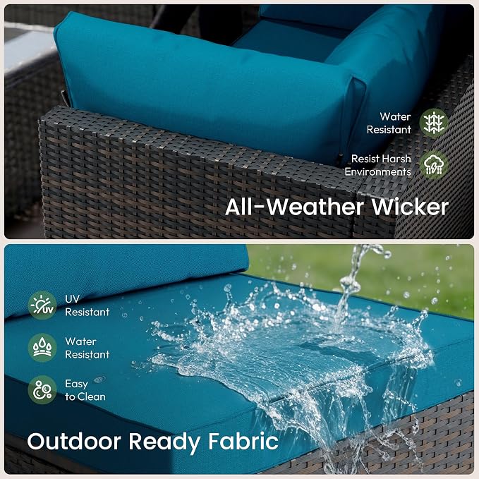 Patio Furniture Set - All-Weather - 7 Piece Patio Outdoor Conversation Set, Modular Wicker Rattan Sectional Sofa for Backyard, Garden, Poolside, Balcony, Porch, Patio, Brown/Peacock Blue