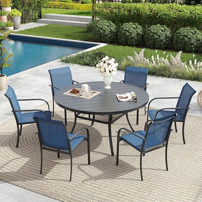 7 Pieces Patio Dining Set, 50" Round Dining Table with Umbrella Hole, 6 Stackable Textilene Fabric Chairs, Metal Structure for Patio, Porch, Garden(Black Table, Dark Blue Chair)