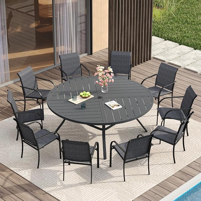 VICLLAX Patio Table and Chair Set of 10, All Weather Metal Round Outdoor Dining Furniture Set-59.9" Round Outdoor Table and Chairs, Grey Tabletop