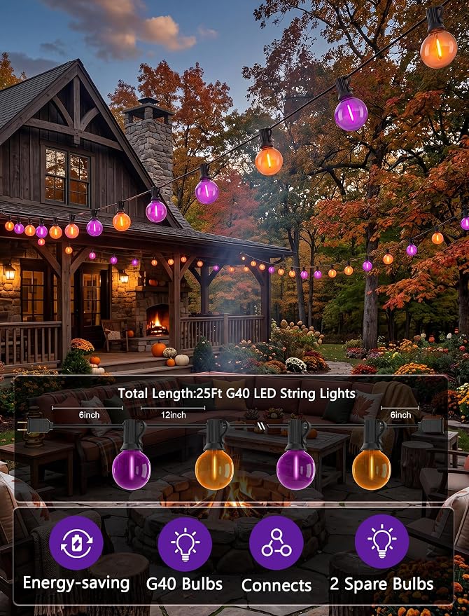 25FT G40 LED Outdoor Halloween String Lights, Orange and Purple Halloween Decorations Lights with 27 Shatterproof Globe Bulbs(2 Spare), Hanging Patio Lights for Holiday Balcony Backyard Party Garden