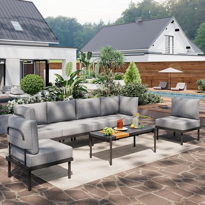 Sundale Outdoor 7 Pieces Metal Patio Furniture Set, Outdoor Sectional Sofa with 6 Inch Olefin Cushion, Modern Outdoor Conversation Sets with Coffee Table for Backyard, Poolside, Sunroom