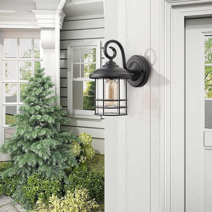 MICSIU Narrow 5.5" Wide Black Single Porch Light, 9.8" H Modern Farmhouse | Seedy Glass Outside Fixture, Vintage Round Outdoor Wall Sconce For Small Sidelight, Front Door, Garage