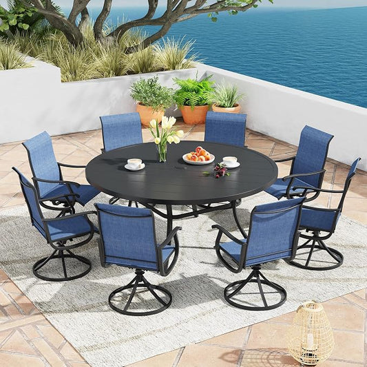 9 Pieces Patio Furniture Dining Set, 8 Textilene Swivel Dining Chairs, 60" Outdoor Round Metal Table with 1.57" Umbrella Hole, Outdoor Dining Set for Porch, Lawn, Garden, Black/Blue