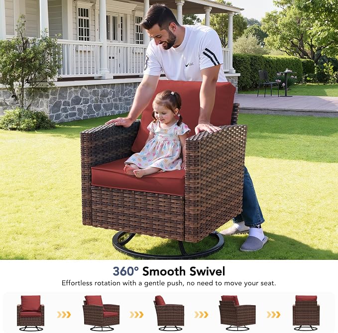 Patio Furniture Set, 6 Pcs Patio Outdoor Sectional, Wicker Outdoor Couch with Swivel Chair, Ottomans, Side Table, 4" Thick Cushion, for Garden Backyard Deck,Wine Red