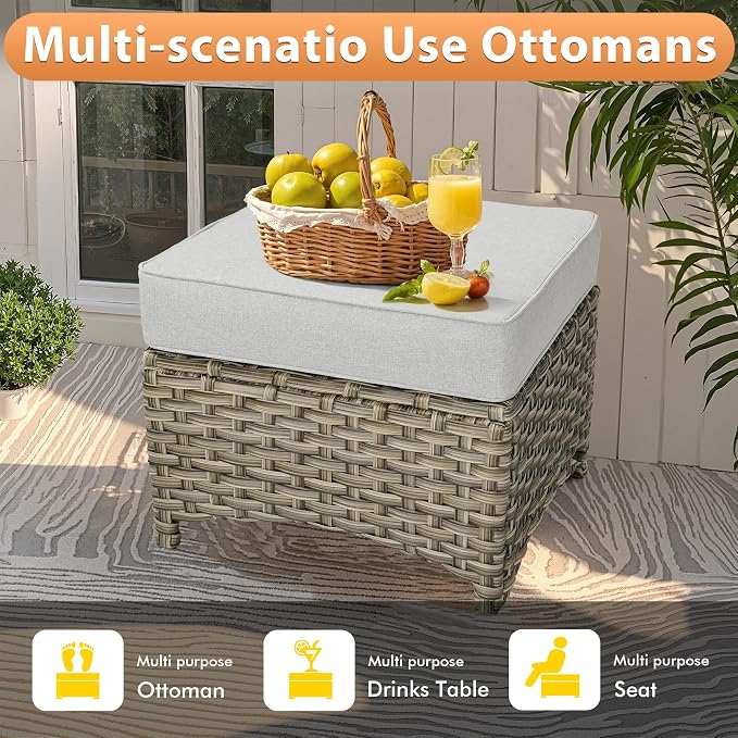 9 PCS Outdoor Patio Furniture Sets,Patio Conversation Sets Outside Rattan Soft Cushion Sofa with 2 Wicker Rocking Chairs & 54 in Fire Pit Table Fit Backyard Porch Garden Poolside Balcony,Light Grey