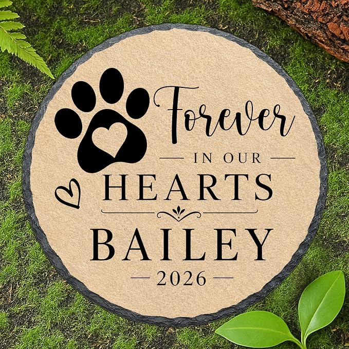 Personalized Pet Memorial Stone, Forever in Our Hearts Dog Cat Memorial Garden Stone, Passing Away Sympathy Gift for Loss of Dog, Waterproof Natural Slate Remembrance for Indoor Outdoor