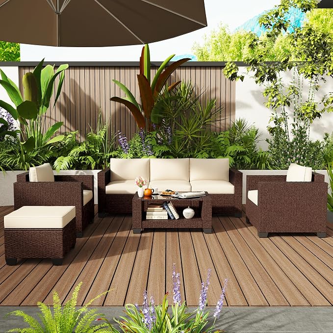 KIGOTY Patio Furniture Set 7 PCS Patio Conversation Sets, All-Weather PE Rattan Outdoor Sectional Sofa with Cushion and 2- Tier Glass Coffee Table（Brown/Beige）