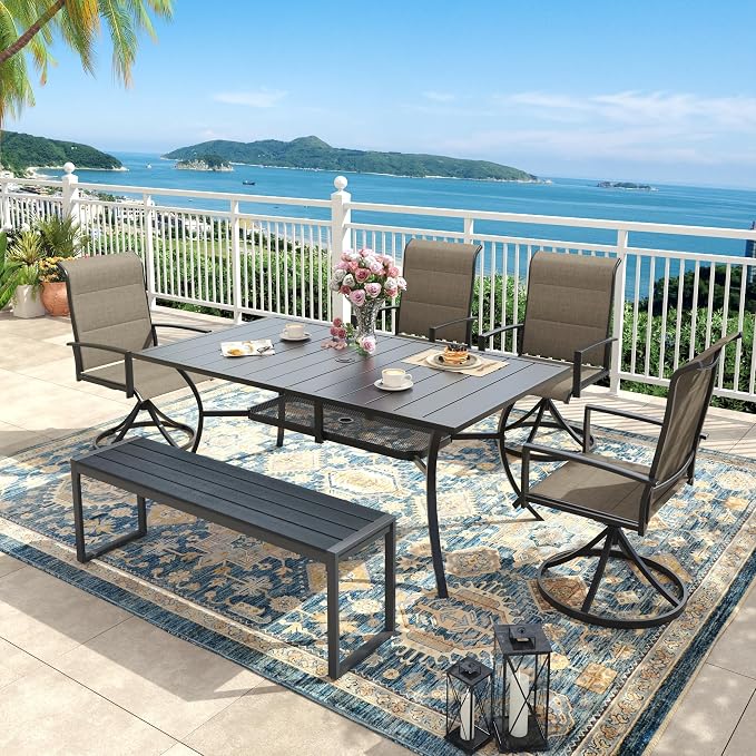6 Pieces Outdoor Dining Set, Patio Table and Chairs Set with 53" Garden Bench for 6-7 People, 59.2" Outdoor Dining Table and Padded Swivel Patio Chairs for Deck Backyard, Mixed Brown and Black