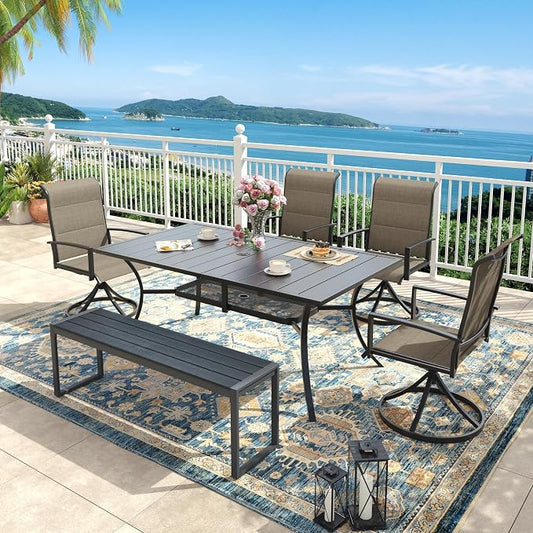 6 Pieces Outdoor Dining Set, Patio Table and Chairs Set with 53" Garden Bench for 6-7 People, 59.2" Outdoor Dining Table and Padded Swivel Patio Chairs for Deck Backyard, Mixed Brown and Black