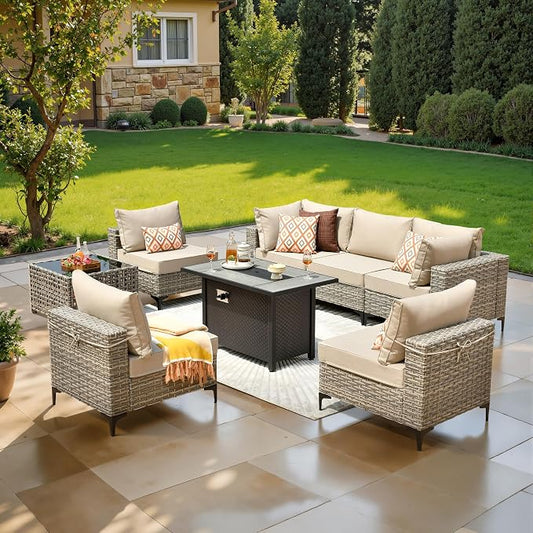 8 Pcs Patio Furniture with Fire Pit Table, Outdoor Rattan Wicker Conversation Set with Glowing Coffee Table, Comfy Sectional Sofa for Porch Balcony Backyard Pool, Beige