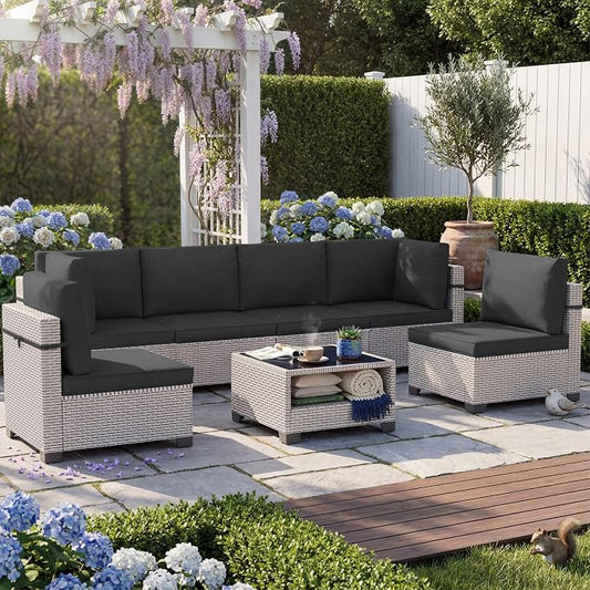 Patio Furniture Set, 7-Piece Outdoor Sectional Sofa with 2-Layer Glass Coffee Table, Wicker Patio Conversation Set with Black Cushions for Backyard, Poolside, Porch