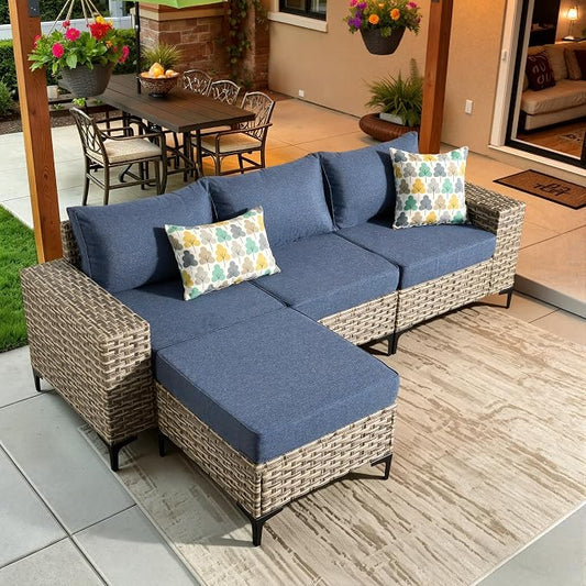 4-Piece Wicker Outdoor Sectional Furniture, Wide Armrest L-Shaped Patio Couch Set with Ottoman, Modern Modular Conversation Sets with Thick Cushion for Backyard Porch Balcony, Denim Blue