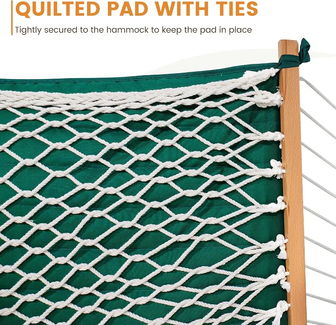 Lazy Daze Hammocks Rope Hammock with Pad, Spreader Bar, Carabiners, Tree Straps, Chains for Outside Patio- Max 450 Lbs, Green Stripes