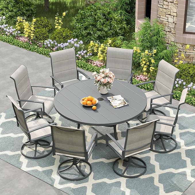 VICLLAX 53" Round Patio Dining Table for 6-8, Metal Outdoor Dining Table with Umbrella Hole for Garden, Patio, Balcony, Dark Grey