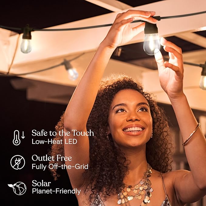 Brightech Ambience Pro Solar String Lights, Commercial Grade 48 ft | Outdoor String Lights, Waterproof Patio Lights, 15 Shatterproof LED Edison Bulbs for Outside & Porch, 1W Soft White