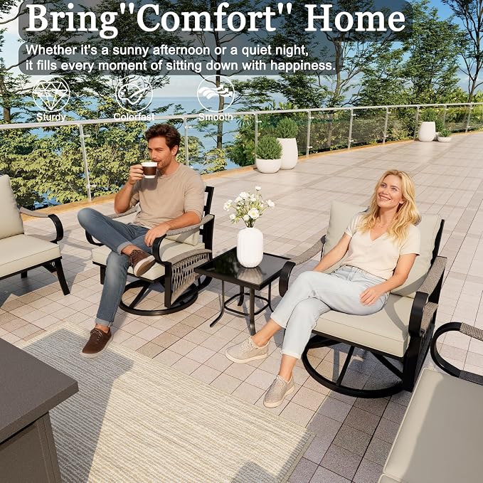 10-Piece Outdoor Furniture Set, Metal Swivel Rocking Chairs with All-Weather Cushions, Patio Conversation Set with Fire Pit Table for Deck, Porch, Garden, Backyard, Poolside (Beige Cushions)