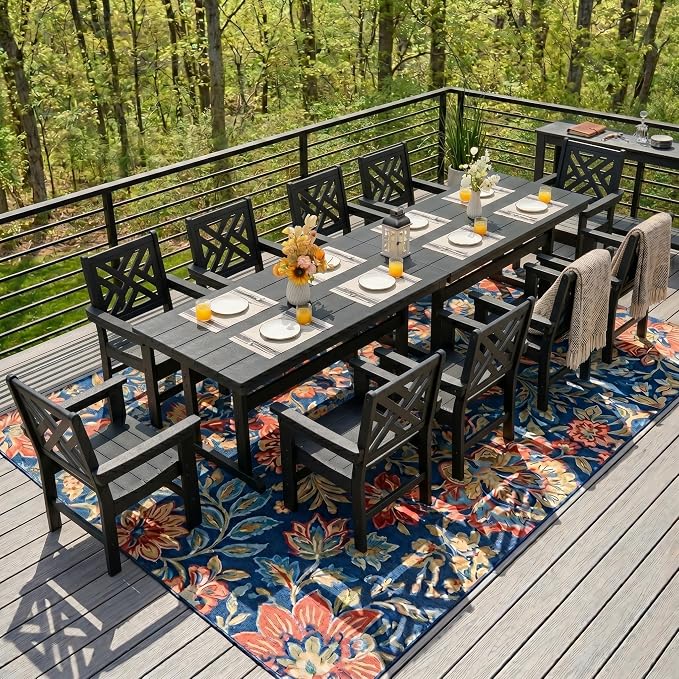 HDPE Dining Table Set for 10,12-Piece Outdoor Table and Chairs Include 10 Dining Chairs and 2 Pcs 62.5" Patio Dining Table with Umbrella Hole (Black)