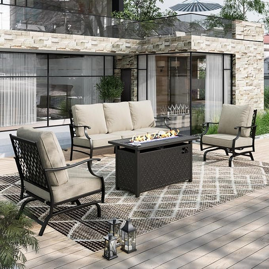 HERA'S HOUSE 4 Pieces Patio Furniture Set with Fire Pit Table, 2 x Rocking Chair, 3-Seat Sofa with 45" Fire Pit Table, Outdoor Conversation Set for Garden Lawn Poolside Backyard