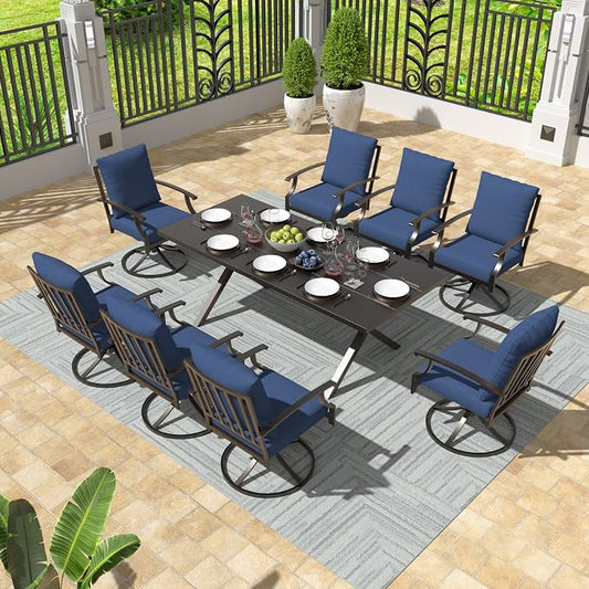 Gotland 9 Piece Outdoor Dining Set, Metal Outdoor Table and Swivel Chairs with X-Shaped Legs 1.5" Umbrella Hole, Patio Furniture Set with Waterproof Cushions, Patio Dining Sets for Backyard Deck Navy