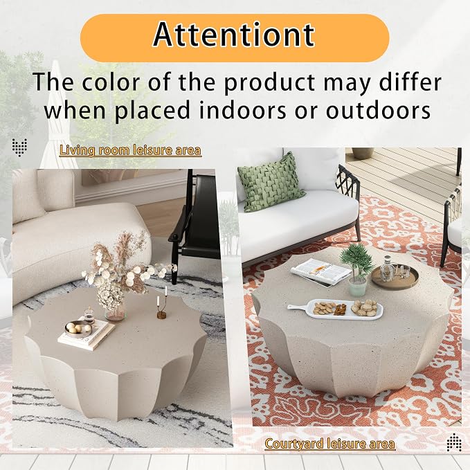 35" Indoor Round Coffee Table, Waterproof Coffee Table Modern MgO Cement Design End Tables for Living Room, Patio Outdoor Coffee Tables for Garden, Backyard, Balcony, White