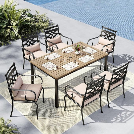 MFSTUDIO 7 PCS, Patio Dining Set, 64"×38", Umbrella Hole | Steel, Wood, Weather resistant, Removable cushions