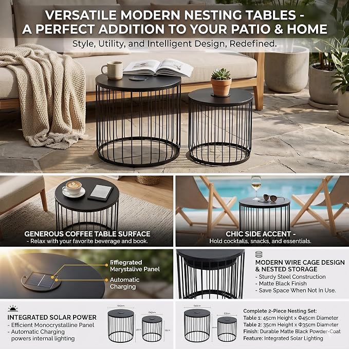 Solar Nesting Side Table Set of 2, Modern Black Metal Wire Round End Tables with Dusk to Dawn LED Light & On/Off Switch, Industrial Accent Tables for Patio, Balcony, Living Room, Garden (Solar 2)