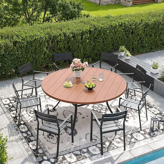 DIFY 9 Piece Outdoor Patio Dining Set for 8, Patio Table and Chairs Set with Umbrella Hole, 53" Round Dining Table and Stackable Metal Chairs for Backyard Garden Poolside, Walnut & Black